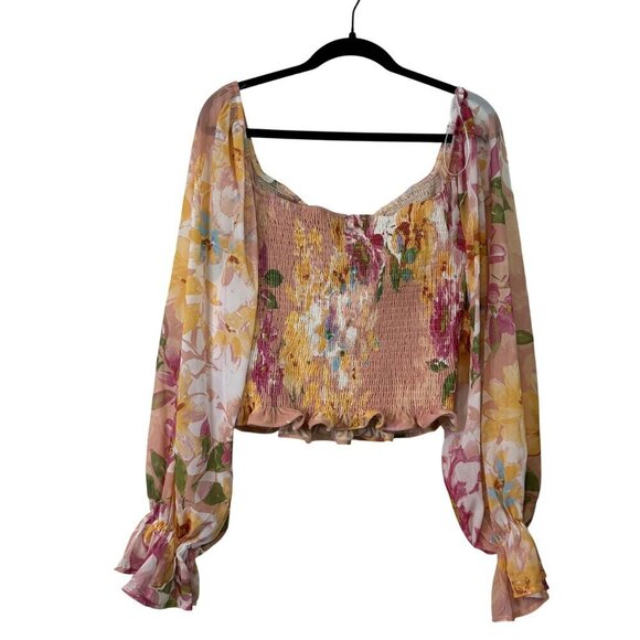 Flying Tomato Floral Smocked Romantic Puffed Dramatic Sleeve Blouse Size L - Picture 10 of 13